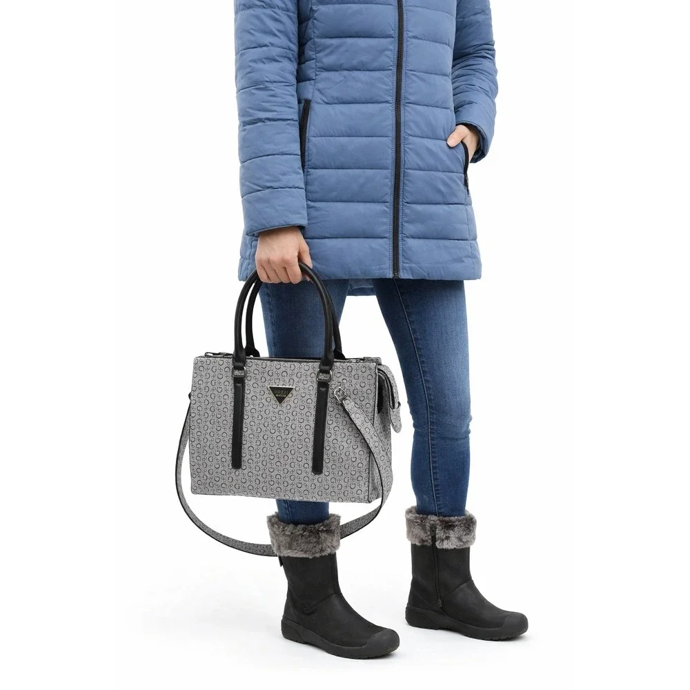 GUESS Logo Satchel Handbag Black Grey Monogram Structured Top Handle‎ Crossbody